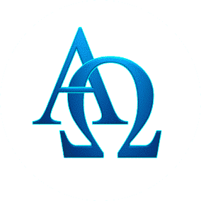 Logo bleu stylisé représentant les lettres grecques Alpha et Oméga entrelacées avec un effet 3D brillant.